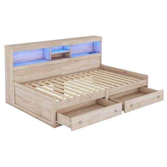 Single Bed Daybed 90x200cm Sofa Bed Bedside Cabinet with 2 USB And Charging Sockets Youth Ambient Lighting Two Drawers Slatted Frame (without