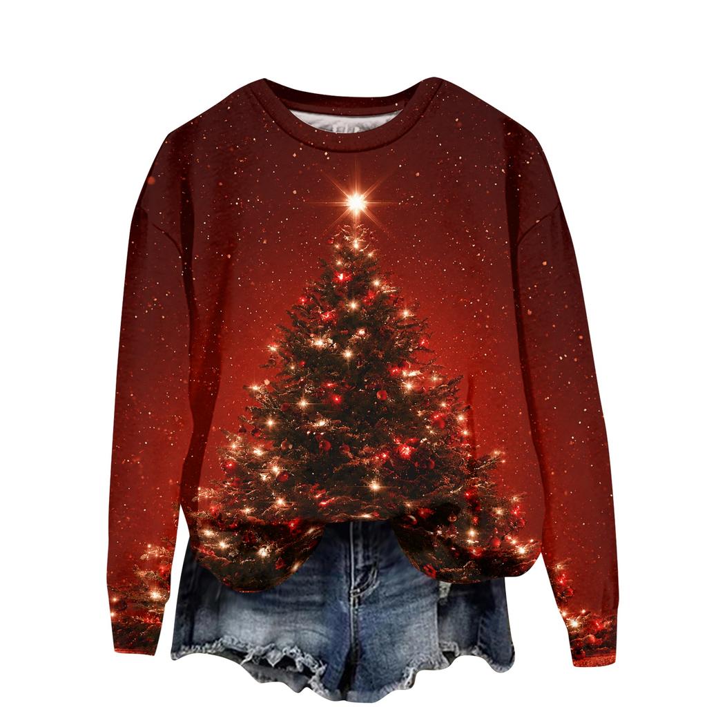 Women's Casual Long Sleeve Christmas Print Neck Pullover Sweatshirt Top