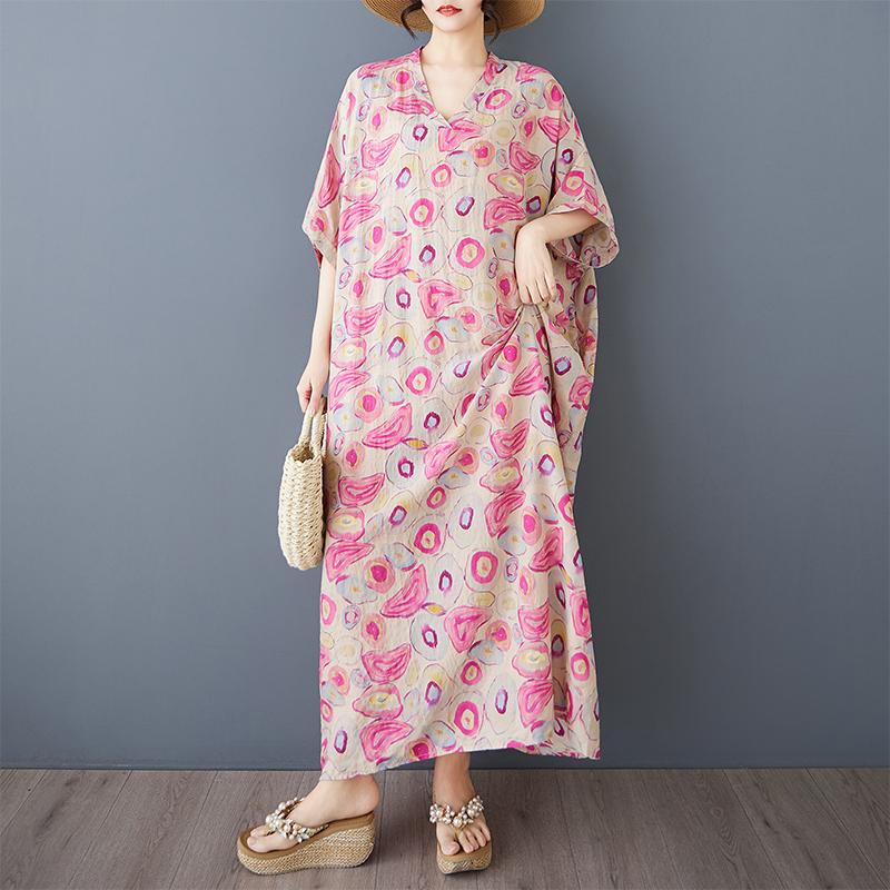 Dimanaf 2025 Summer Women Printing Linen Plus Size Long Dress Short Sleeve Vintage Casual V-Neck Basic Loose Dress