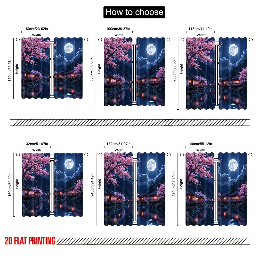 2D Flat Printing 2pcs Romantic Summer Window Curtains Cherry Blossom Moonlit Night Polyester Without Electricity Festive Holiday