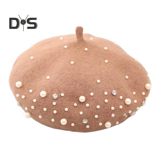 Baskenmütze für Damen, Kunstperlen, Strass-Dekor, Vintage-Wollmütze im englischen Stil, ohne Krempe, einfarbig, verstellbare Träger, Kürbismütze