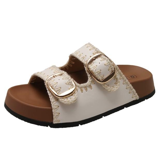 Cool Slippers Women's Summer Outer Wear 2025 New Retro Casual Round Head Belt Buckle Hollow Muffin Thick-soled Slippers