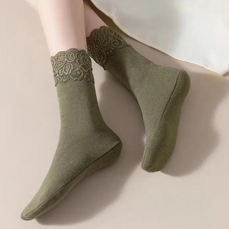 1Pair Lace Keep Warm Thicken Winter Socks Self-heating Fleece-lined Cotton Snow Socks