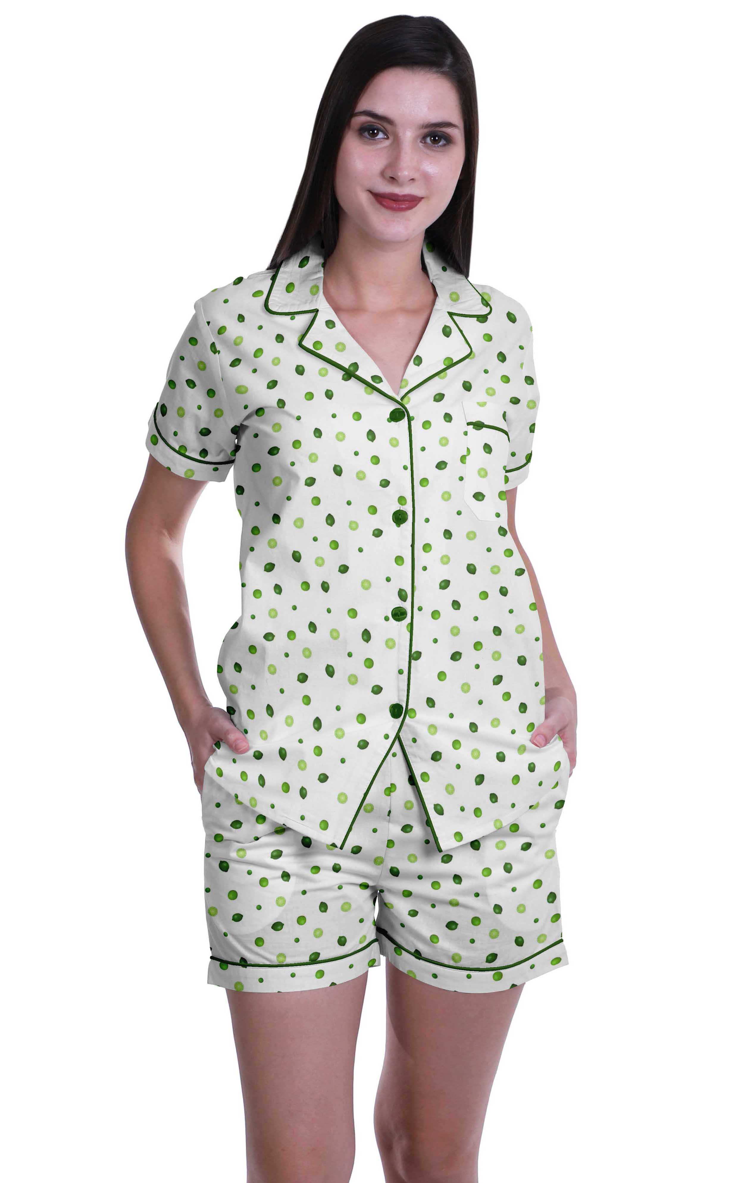 

Moomaya Жіночий друкований піжамний комплект з двох предметів: друкована піжама з шортами та коміром з лацканами. XS білий