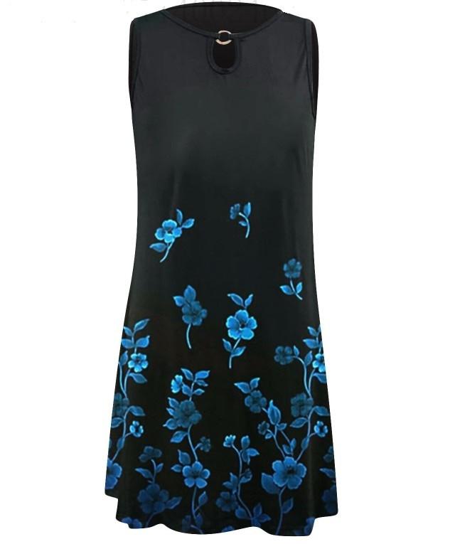 Fashion Women Summer Print Hollow Out Sleeveless Loose Mid Dresses