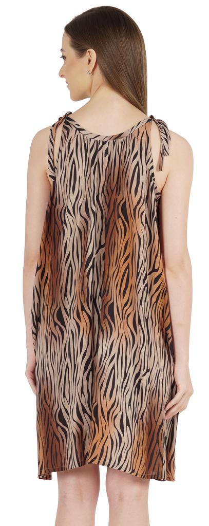 Moomaya Summer Beach Wear Short Dress For Womens Printed Sleeveless Tie-Up Midi