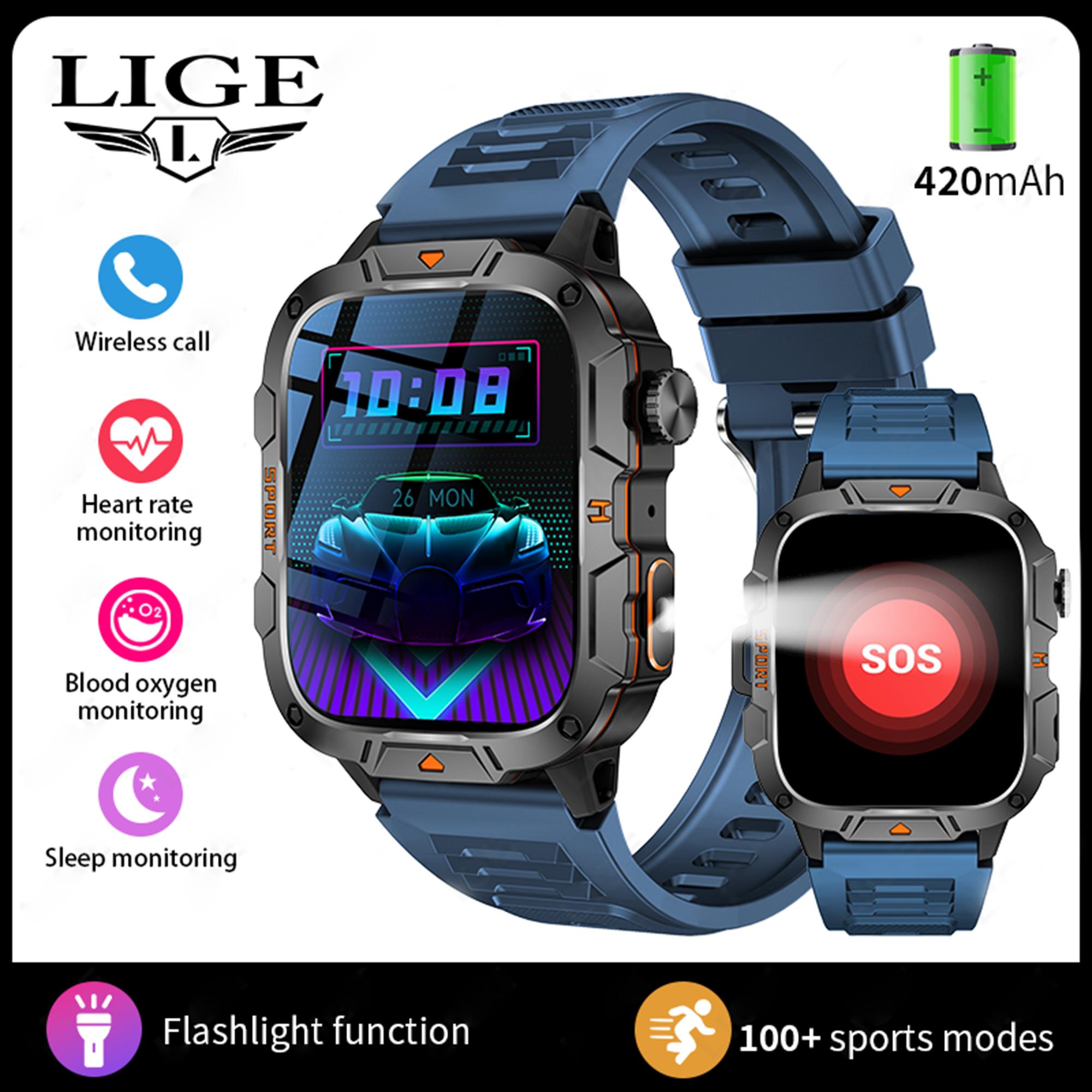

LIGE Новые светодиодные смарт-часы со светодиодным фонариком 420 мАч Bluetooth для звонков, спорта, фитнеса, мониторинга здоровья, мужские смарт-часы silicone strap