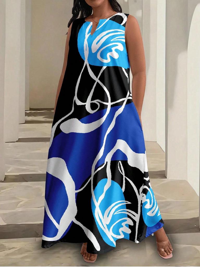Plus Size African Impressionist Gold Leopard Sleeveless Long Dress