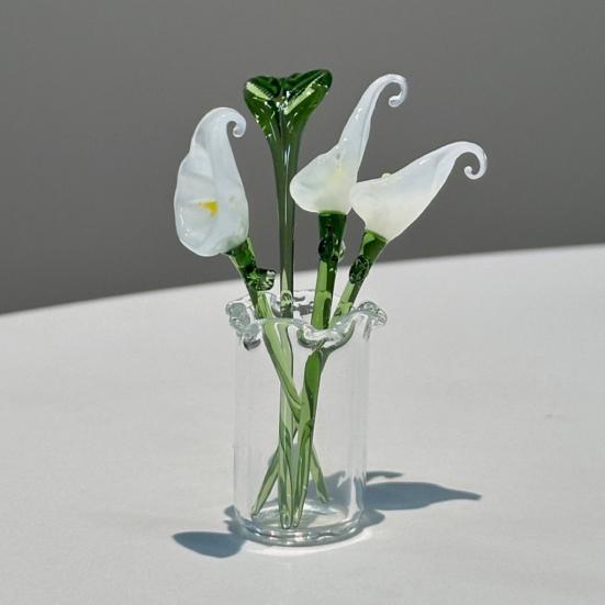 1 Set Glass Flower Bouquet with Vase Hand-Blown Mini Flower Decoration Home Living Room Handmade Simulation Floral Ornament with Stem