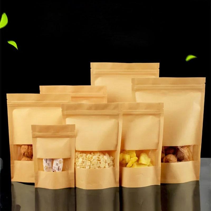 100pcs Kraft Paper Self-supporting Bag Window Visual Thick Food Self Sealing Bag Moisture-proof Snacks Candy Seal Storage Bag