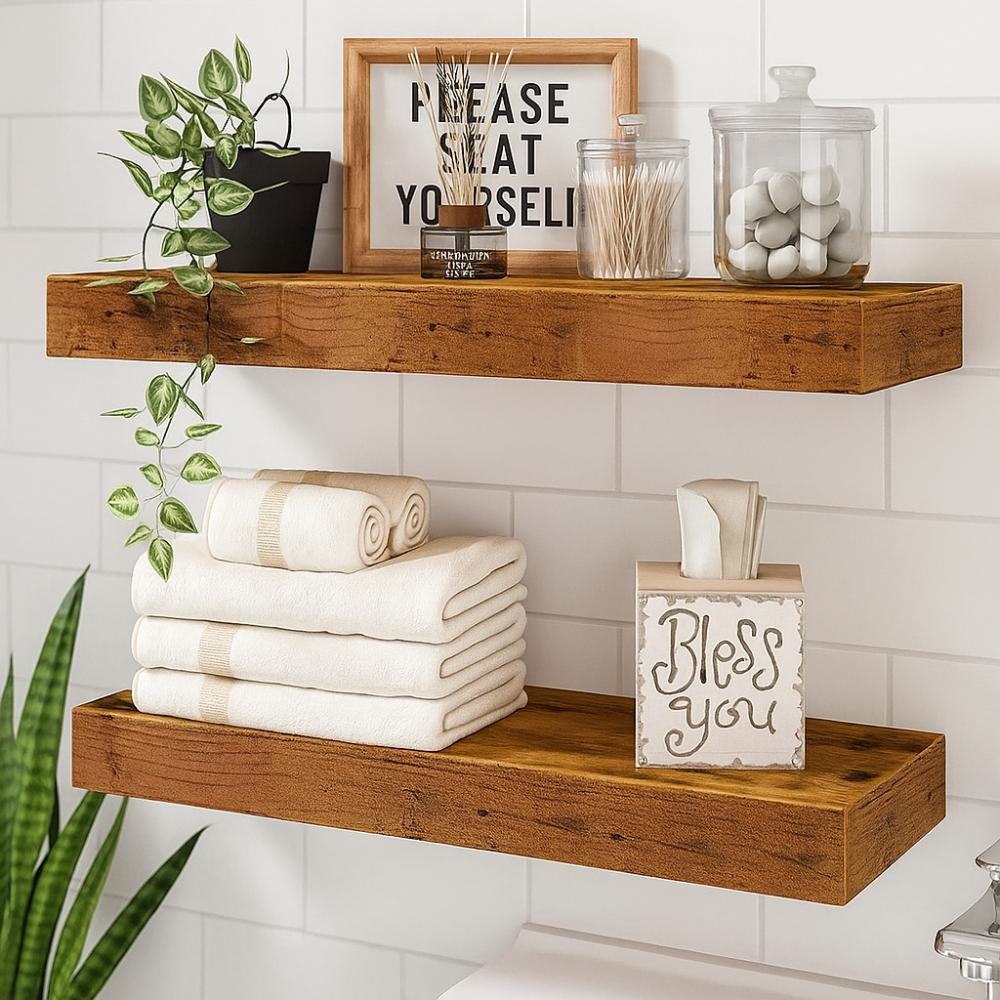 Solid Wood Wall Mounted Bookshelf Floating Design Display Stand Storage Organizer Bathroom