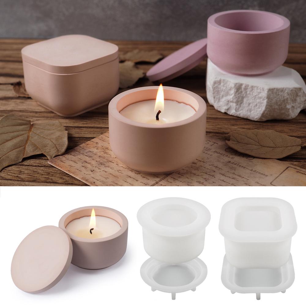 Round Candle Jar Silicone Mold DIY Square with Lid Craft Ornaments Making Plaster Concrete Epoxy Resin Storage Box Casting Molds