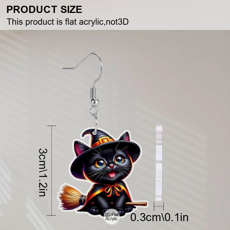 [JIT]2D Flat Acrylic Halloween Witch Broom Black Cat Dangle Earrings Women's Halloween Witch Hat Accessories Charms Jewelry Gifts