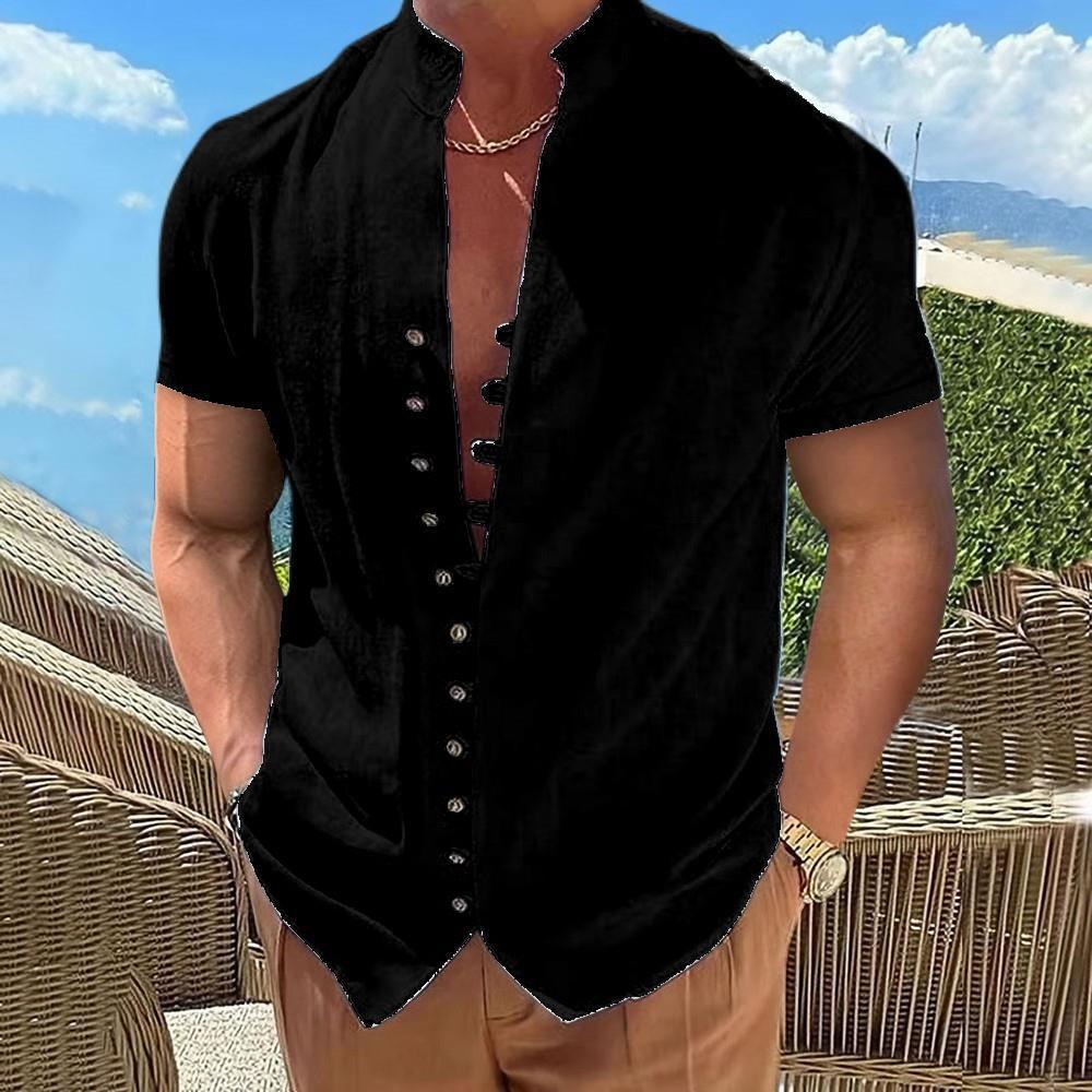 2023 Men's Retro Cotton Linen Short Sleeve Stand Collar Shirt