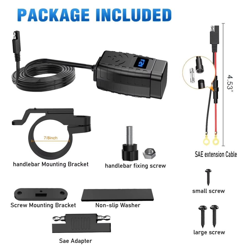 60W PD QC3.0 Motorcycle USB Fast Charger Handlebar Dual USB Socket with Switch Voltmeter Waterproof 12V Power Supply Adapter