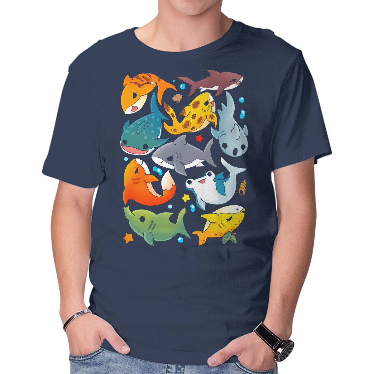 Unisex Crew Neck T-Shirt Shark Family Graphic Short Sleeve Casual Tee S
