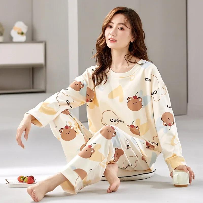 2Pcs/Set Spring and Autumn Women Pajamas Cute Floral Cotton Cartoon Long-Sleeved Clothing Korean Elastic HomeWear