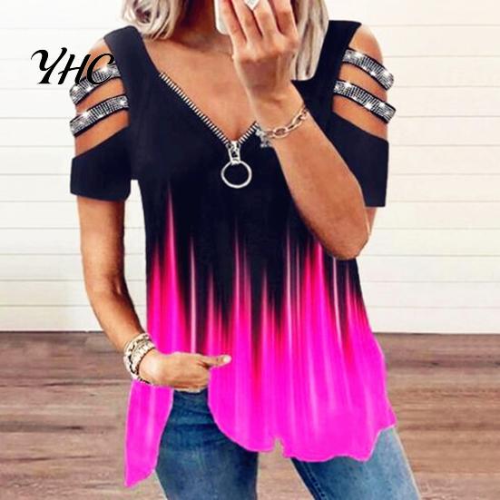 Top da Donna in Seta di Latte T-shirt Estiva Scollatura a V Maniche Corte con Traforo e Decorazioni di Strass Orlo Ampio Colore a Contrasto Degradé Taglia Grande