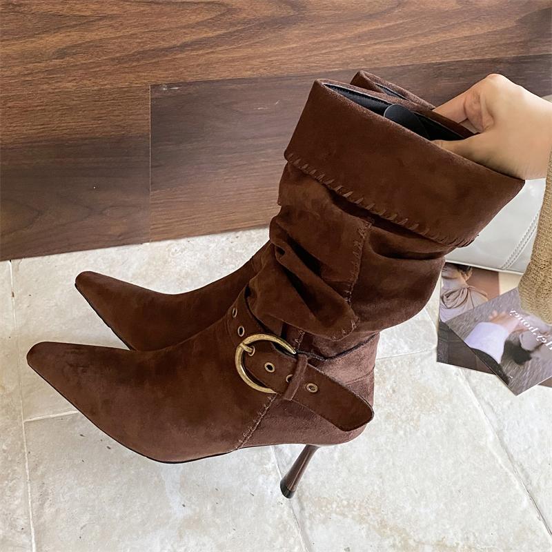 Fashion Eilyken Women Ankle Boots Designer Pleated Turned-over Edge Buckle Strap Short Booties Sexy Thin High Heels Banquet Prom Shoes