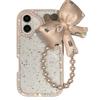 For iPhone 16 Plus Case Glitter Epoxy Design TPU+PC Phone Back Cover with Bow Strap,Rhinestone Decor