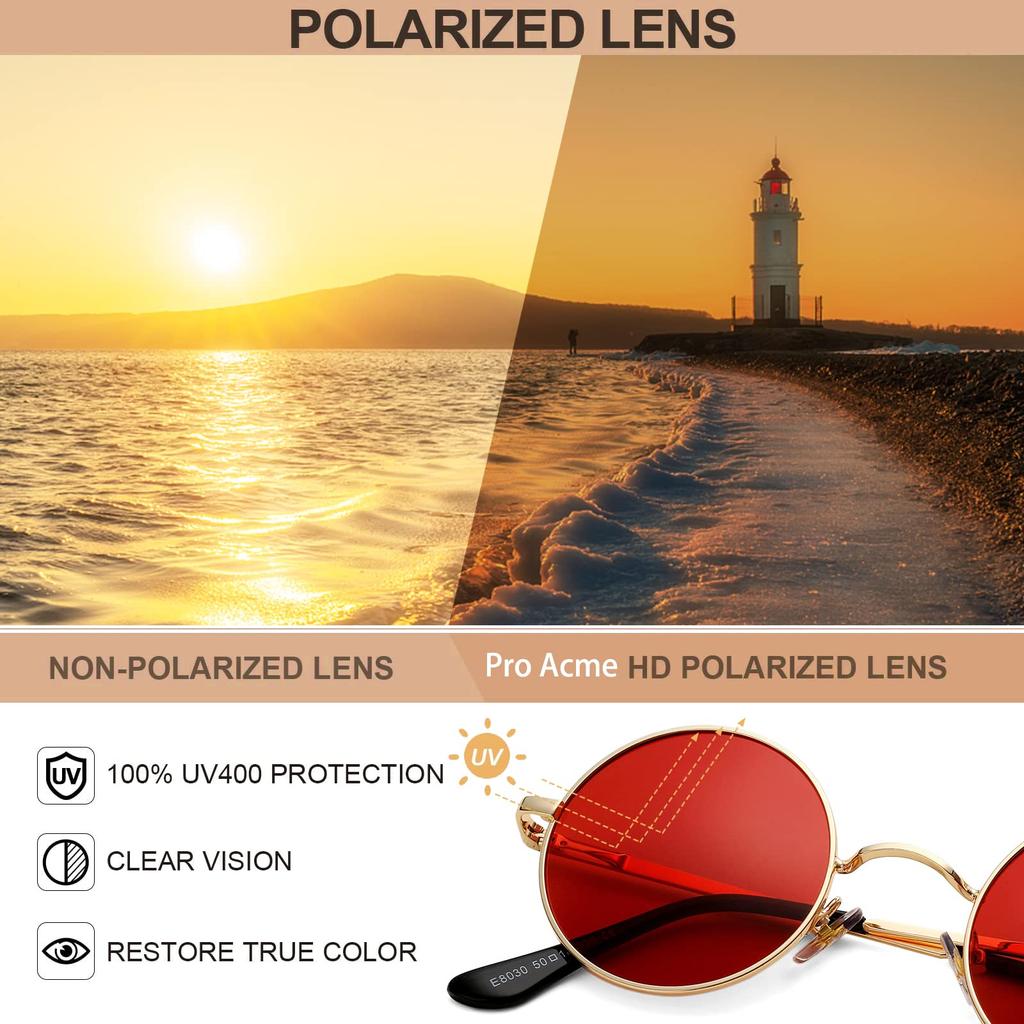 Pro Acme Small Round Polarized Sunglasses for Men and Circle Retro Metal Hippie UV400 D4 Gold Red Size S Women, Shades, Sunglasses, Protection, -