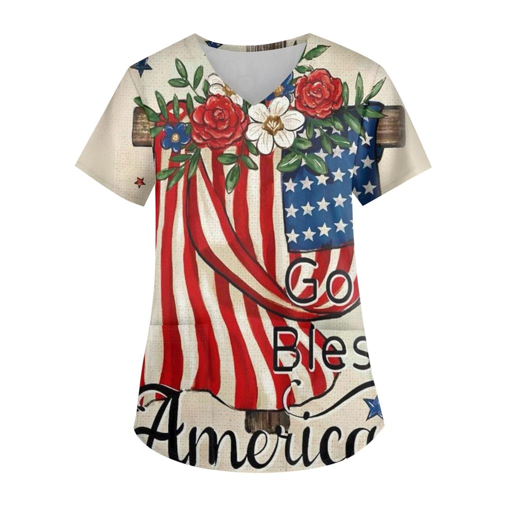 Modisches V-Ausschnitt-Taschen-Kurzarm-Uniform- und Pflegekraft-Oberteil für Damen mit Aufdruck zum Unabhängigkeitstag