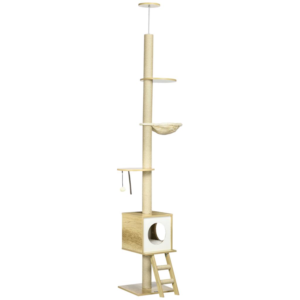 Ceiling High Cat Tree Cat House With Two Platforms Hammock Anti Tip Protection Light Brown And Beige 40 X 40 X 260 Cm