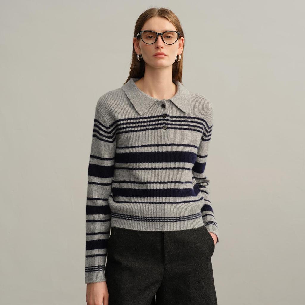Women's Cashmere Color Block Striped Buttoned Polo Knit Top
