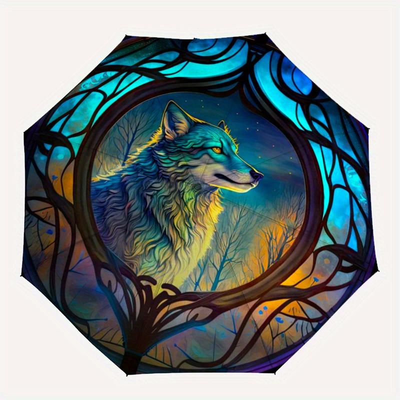 Wolf Window Art: Magical Night Wildlife Decor" Umbrella, Portable 3 Fold Compact Umbrella for Men & Women,S119