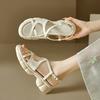 Fashion NEW Summer Women Sandals Round Toe Thick Heel Shoes Split Leather Shoes for Women Narrow Band Handmade Shoes Platform Sandals