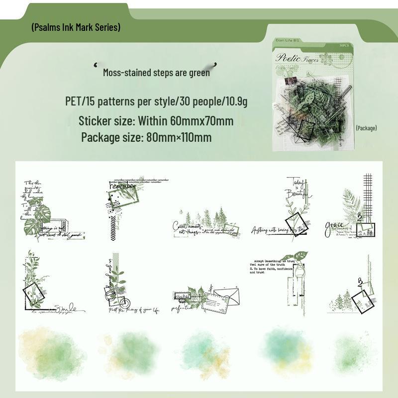 Yi Niao Ink Mark Retro PET Stickers – 6 Styles for Journals & Collages