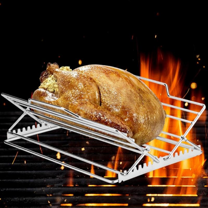 Verstelbaar Roestvrijstalen Kalkoen Braadrooster voor Ovens en Grills Opvouwbare Kip Kookstand Barbecue Benodigdheden