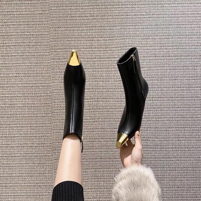 Women Pointed Stiletto Heel Ankle Boots 2025 New European Style Metal Toe Black Gold Sexy Boots