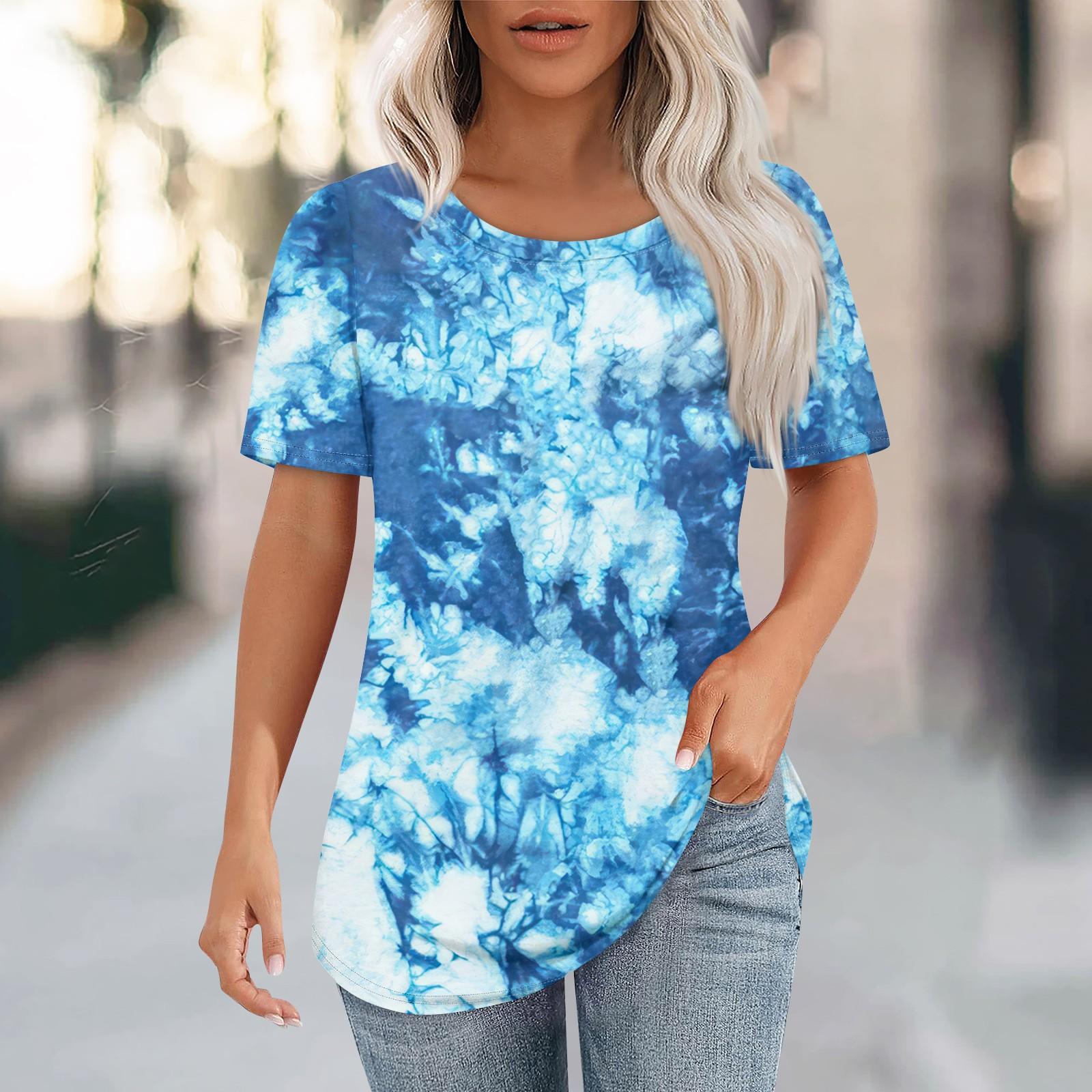 

Футболки для женщин, плиссированные, с круглым вырезом, нарядные, повседневные, блузки с принтом, с коротким рукавом, летние топы, свободный крой S