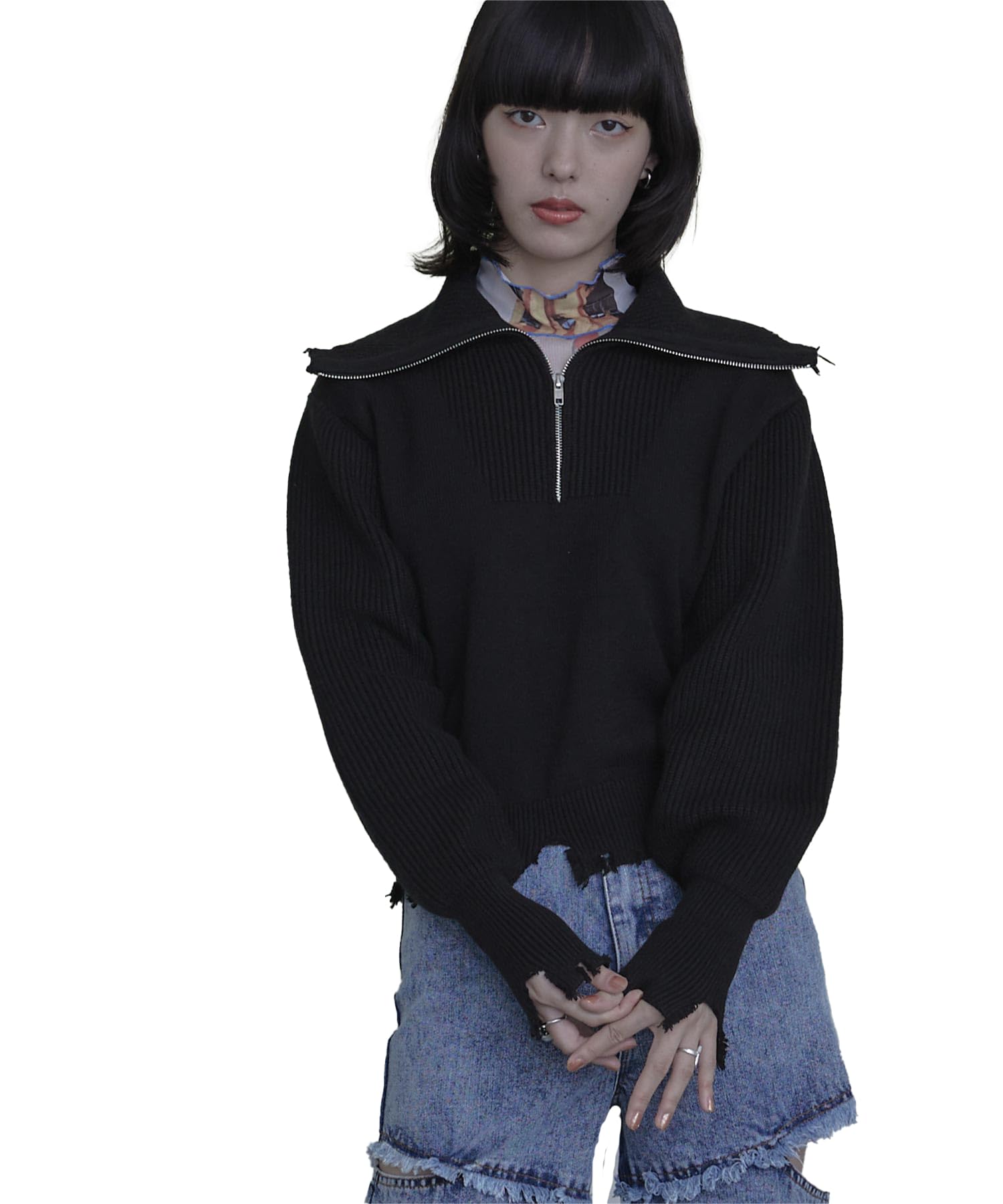 

miette Пуловер грубой вязки REXX1080 Свободный размер Черный на молнии до половины женский чёрный