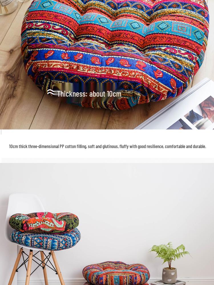 Ethnic Fabric Thickened Round Cotton Linen Cushion for Bay Window, Tatami, Prayer, Teahouse, or Yoga.