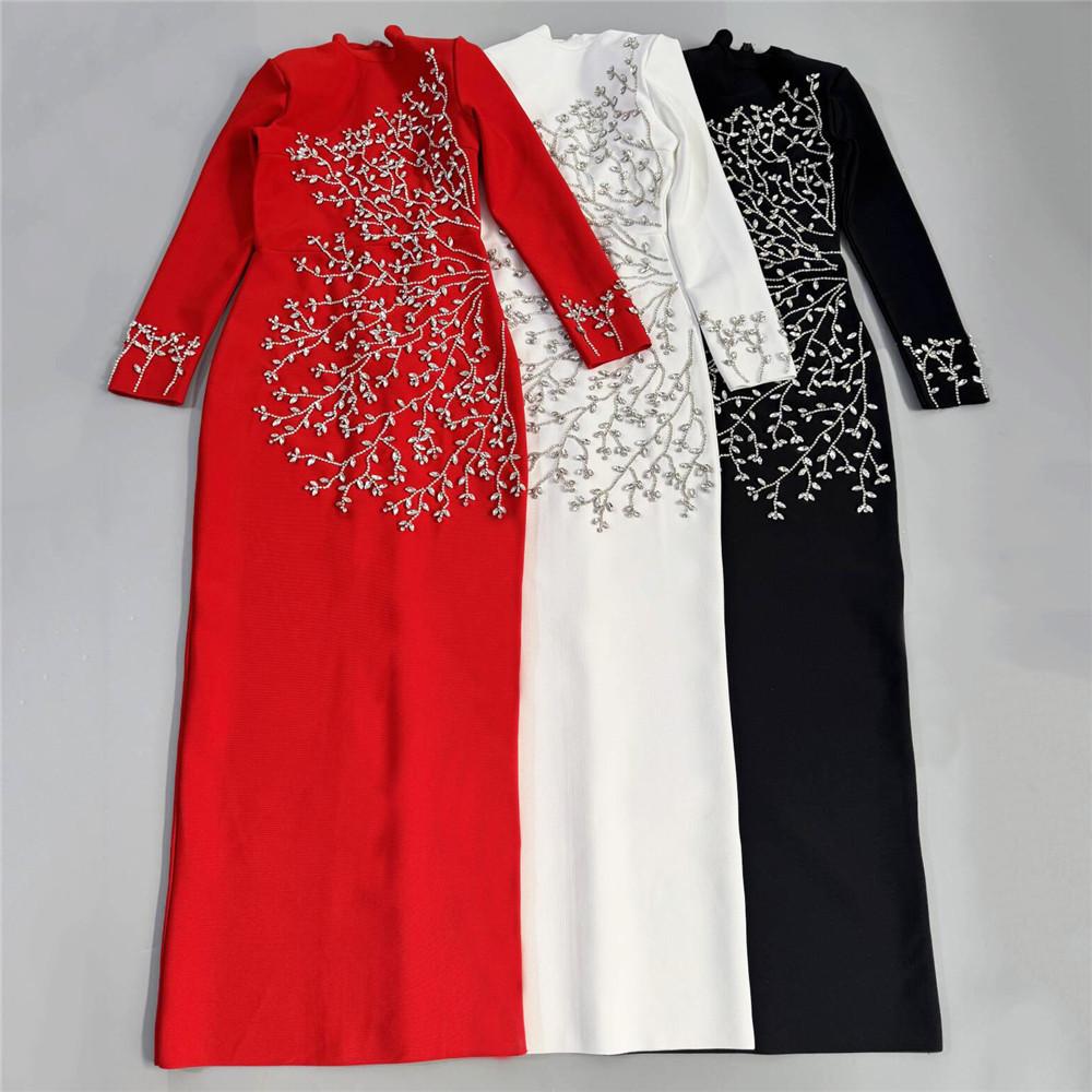 European and American Studded Bandage Long Sleeve Evening Gown - Slim Fit Socialite Party Dress
