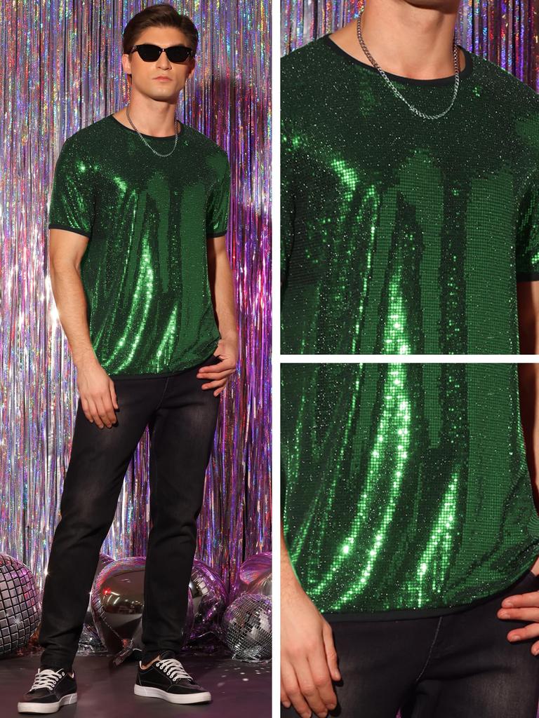 Pailletten Kurzarm Rundhals Nacht Schnitt und Glänzend S [Lars Amadeus] Herrenhemd, Ärmel, Hals, Club, Party, Nähen, T-Shirt, Grün,