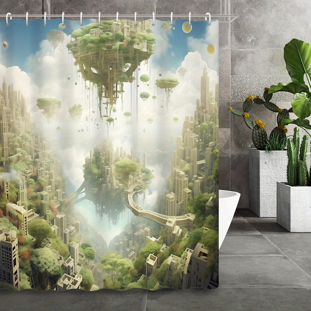 Cartoon Green Forest Mobile Castle Shower Curtain, 12 Hooks, Polyester Fabric for Bath & Shower Decor