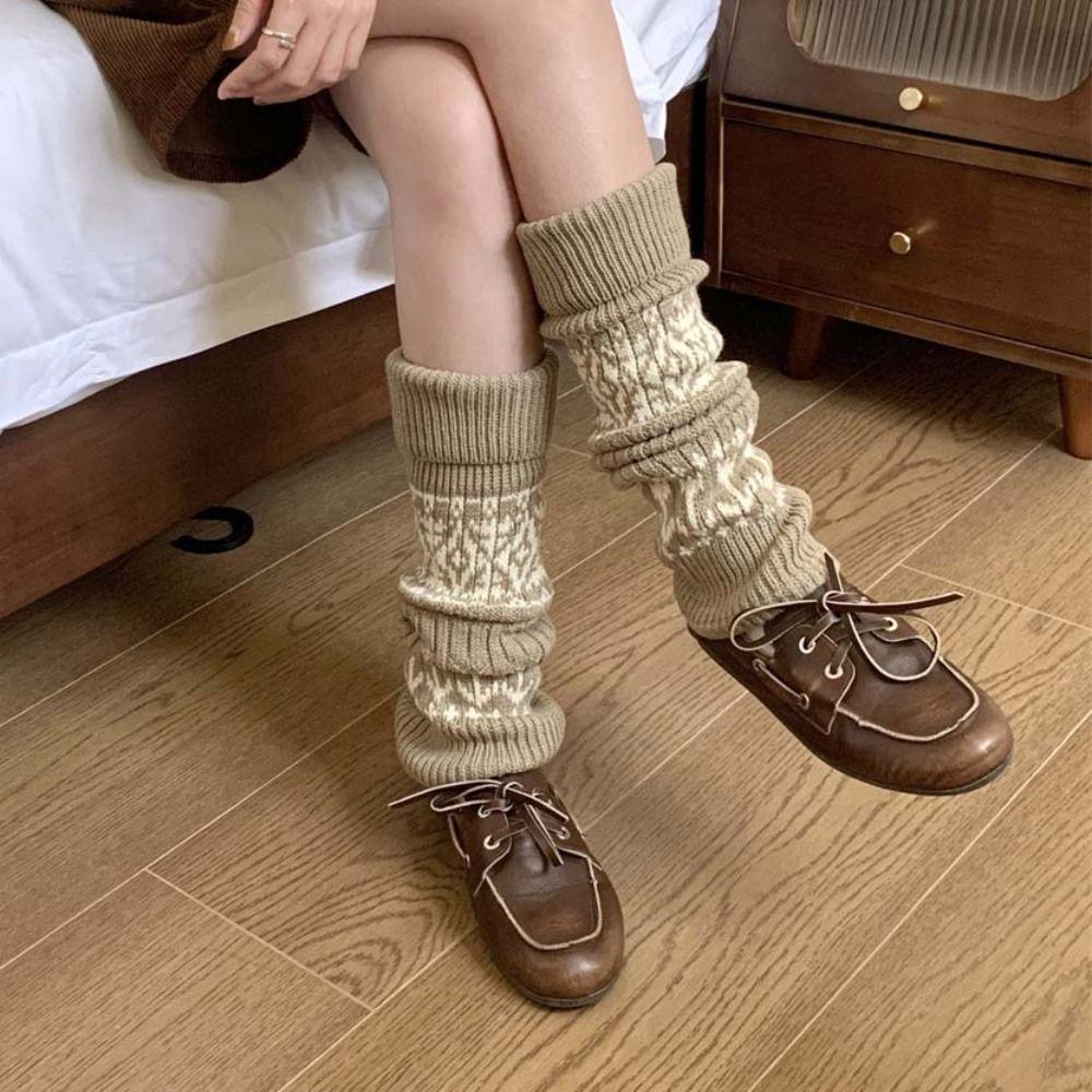 Thicken Maillard Leg Warmer Patchwork Knitted Leg Covers Retro Lattice Stockings Fall Winter