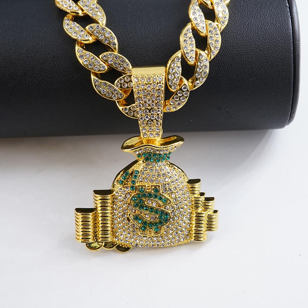 Creative Dollar Sign Money Bag Necklace with Rhinestone Pendants - Trendy Hip Hop Accessory for Men