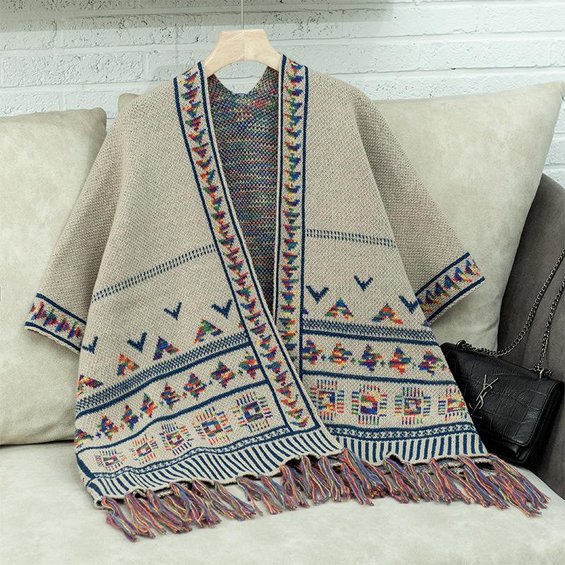 Women's Autumn and Winter Large Size Cardigan Fashionable Knitted Tassel Shawl Loose Jacquard Sweater Cape Top Women