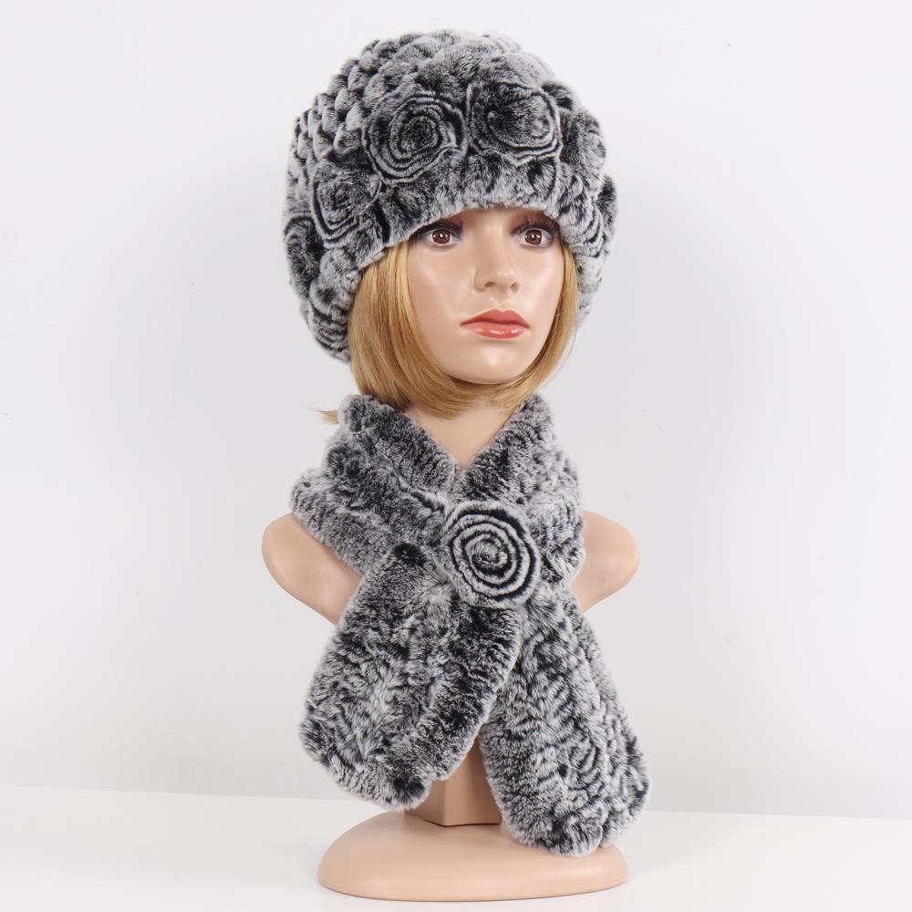 Hot Sale Lady Natural Fur Hats Scarves Sets Women Winter Knit Real Rex Rabbit Fur Hats Muffle 2 Pieces Real Fur Hat Scarf