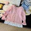2024 Autumn New Girls' Lace Trim Long-Sleeve Top - Colorful Button Sweet T-Shirt