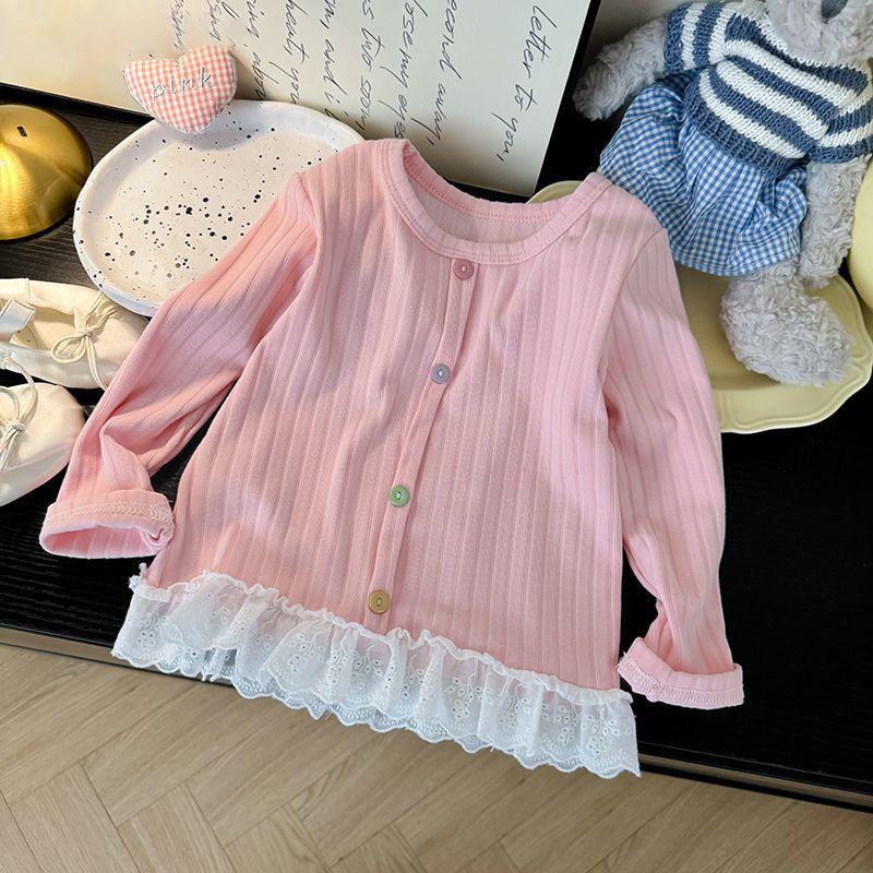 2024 Autumn New Girls' Lace Trim Long-Sleeve Top - Colorful Button Sweet T-Shirt