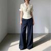 Women Striped Fitted Waist Short Sleeve Blazer Collar Casual Button Shirt
