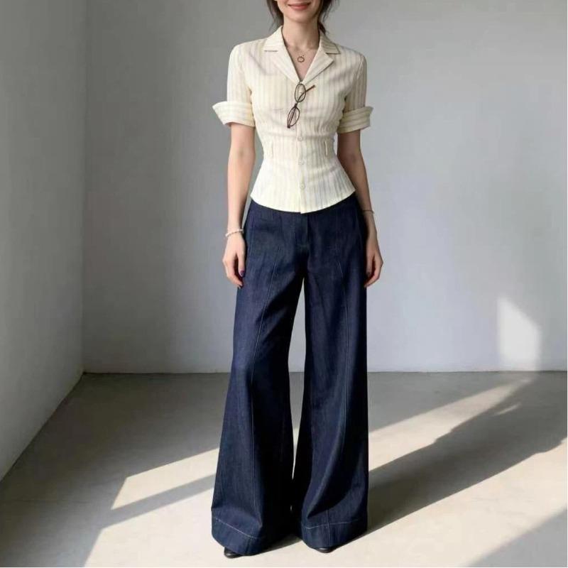 Women Striped Fitted Waist Short Sleeve Blazer Collar Casual Button Shirt