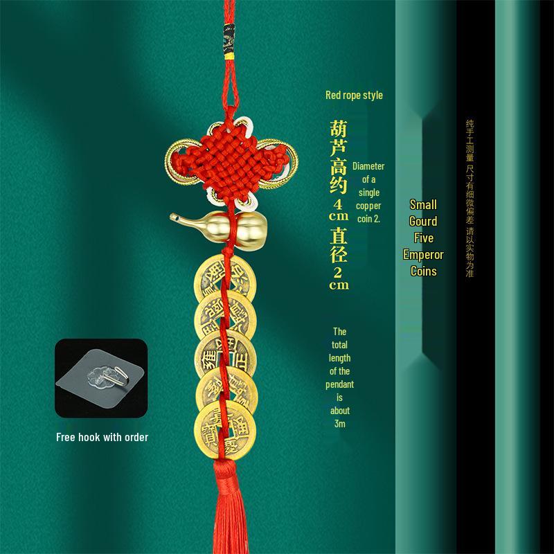 Thick Pure Brass Five & Six Emperors Coins with Copper Gourd & Chinese Knot Pendant with Hook