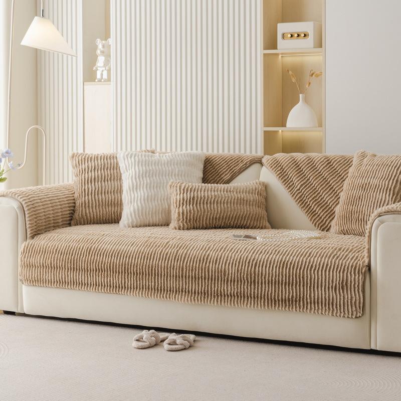 1PC Thickened Warm Plush Sofa Cover Water Ripples Sofa Mat Towel Solid Color Anti-slip Couch Slipcover for Living Room Decor