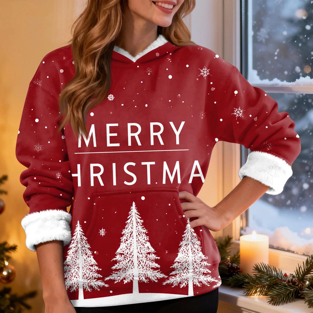 Women's Casual Fashion Plus Velvet Thickened Christmas Print Hooded Sweatshirt